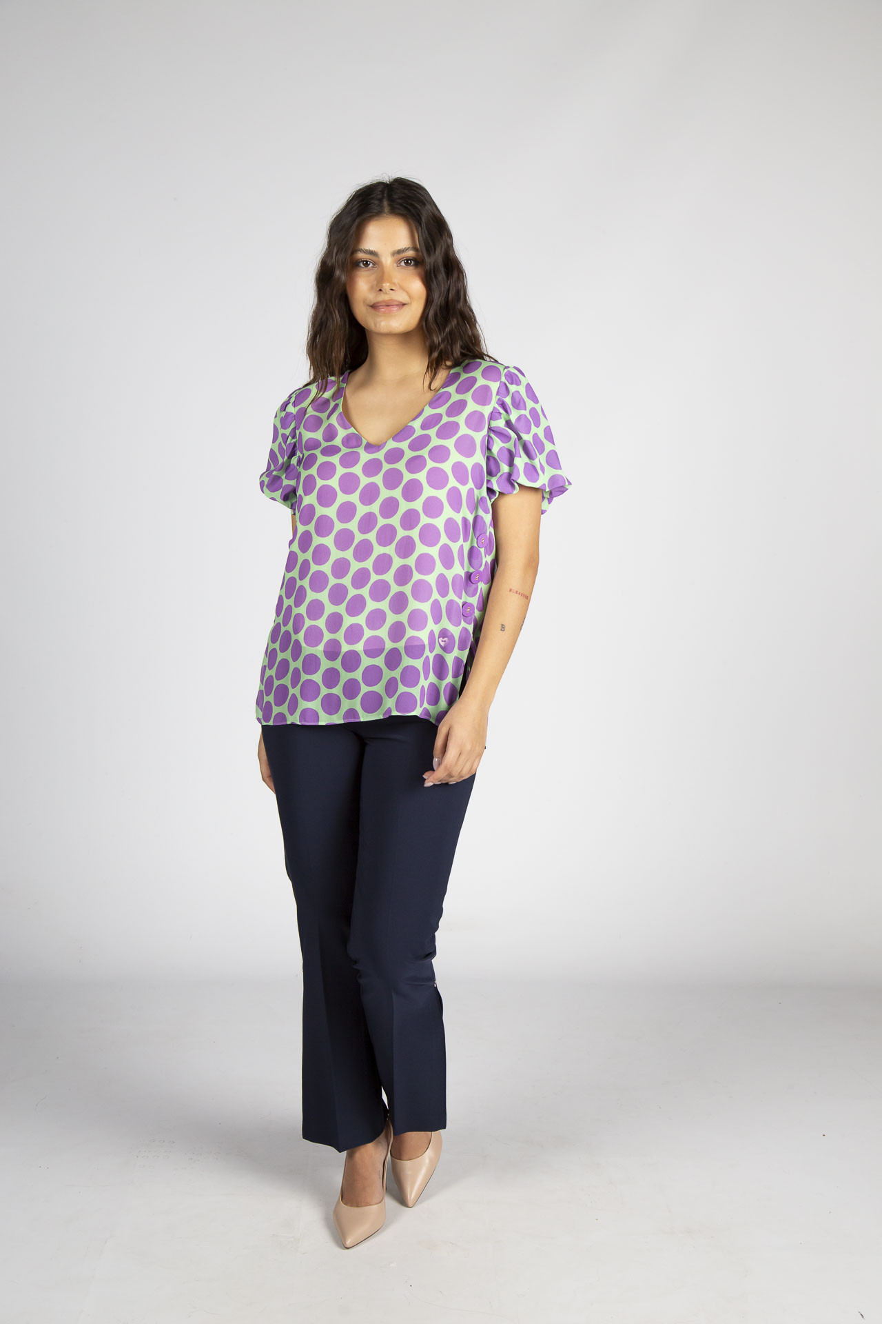 Polka dot shirt with side buttons