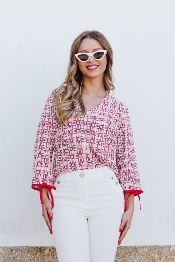 Allover print bow detail blouse