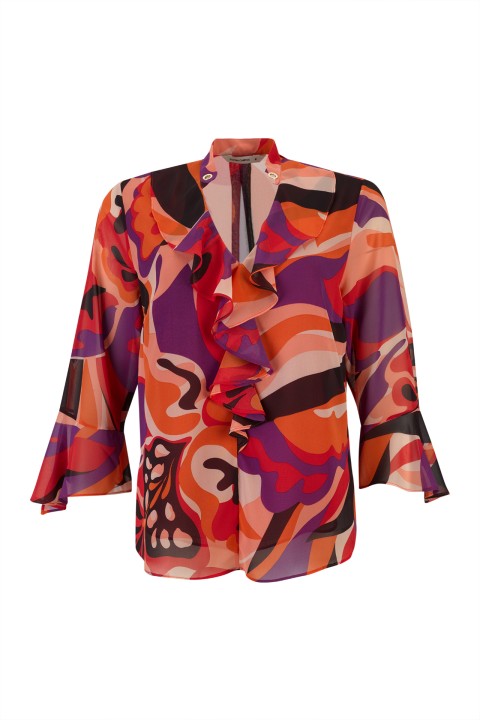 Túnica estampada de decote em V com folhos Túnica estampada de decote em V com folhos