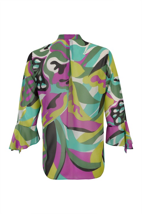 Túnica estampada de decote em V com folhos Túnica estampada de decote em V com folhos