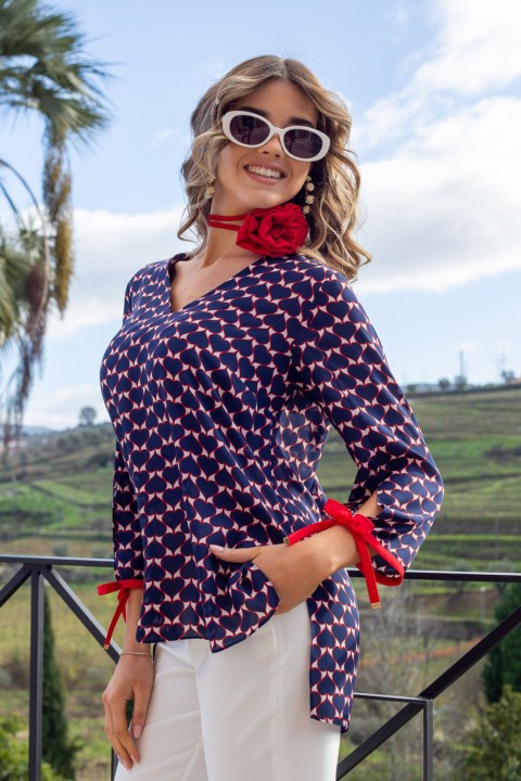 Allover print bow detail blouse