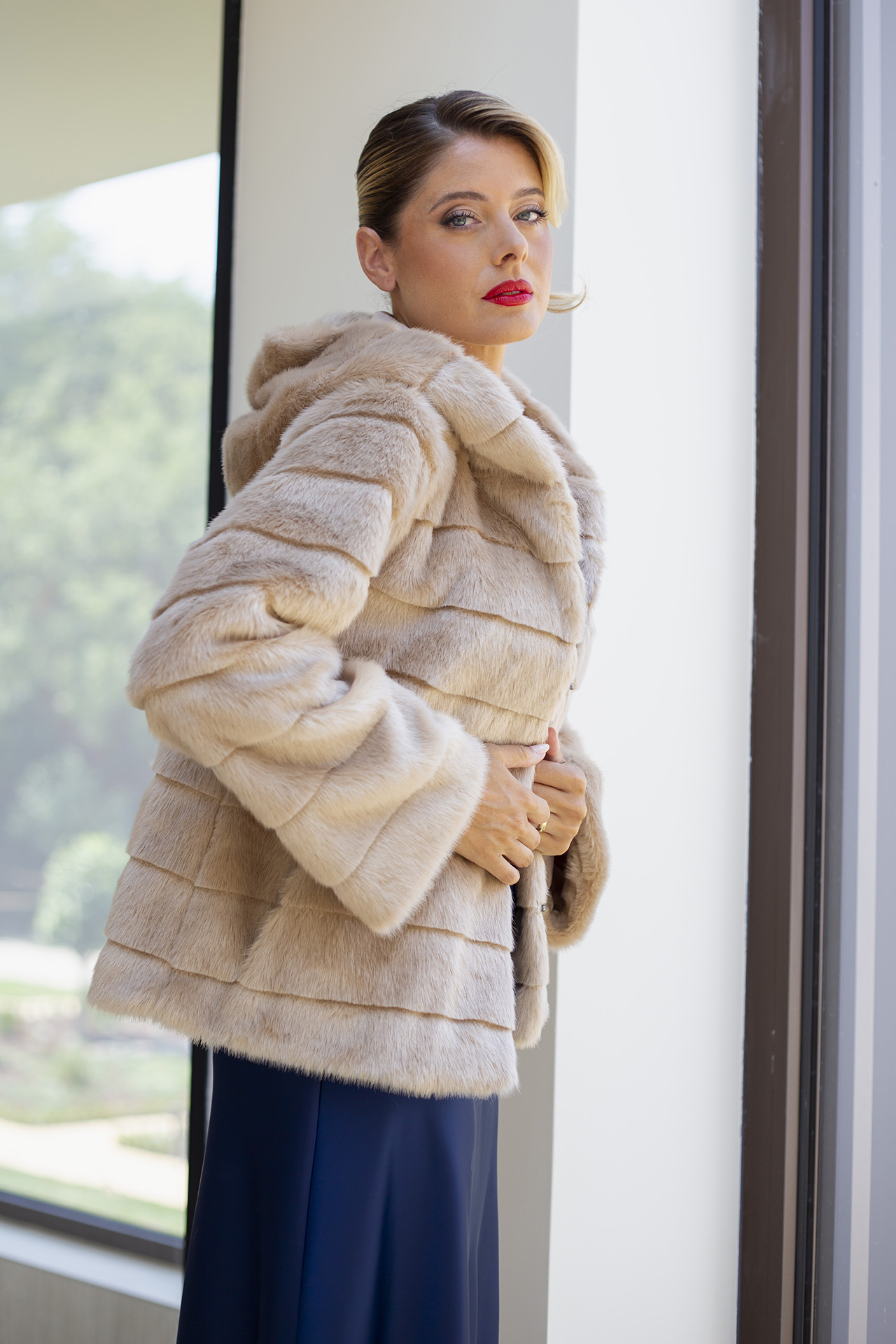 Faux fur coat with hood