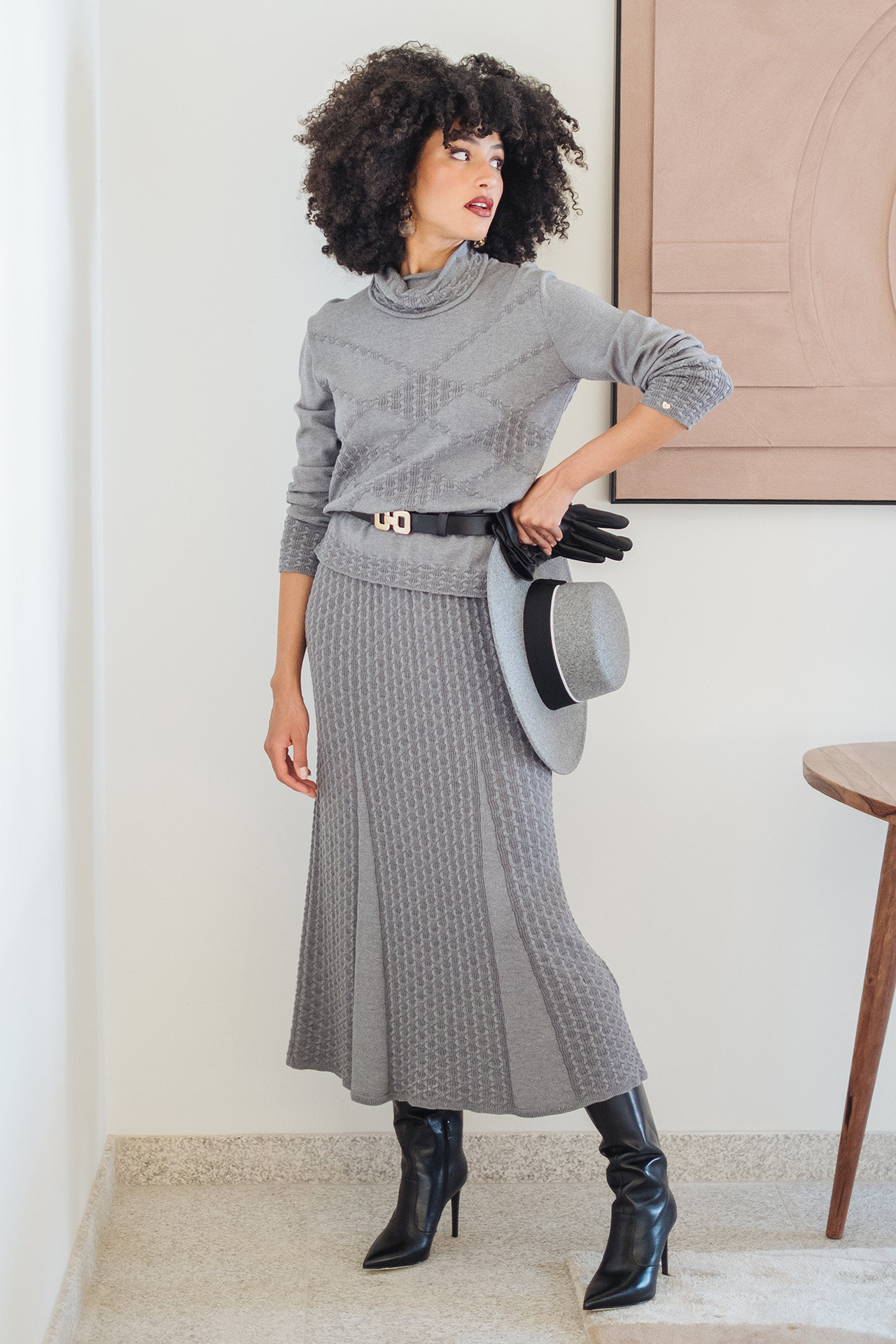 Long skirt with embossed pattern