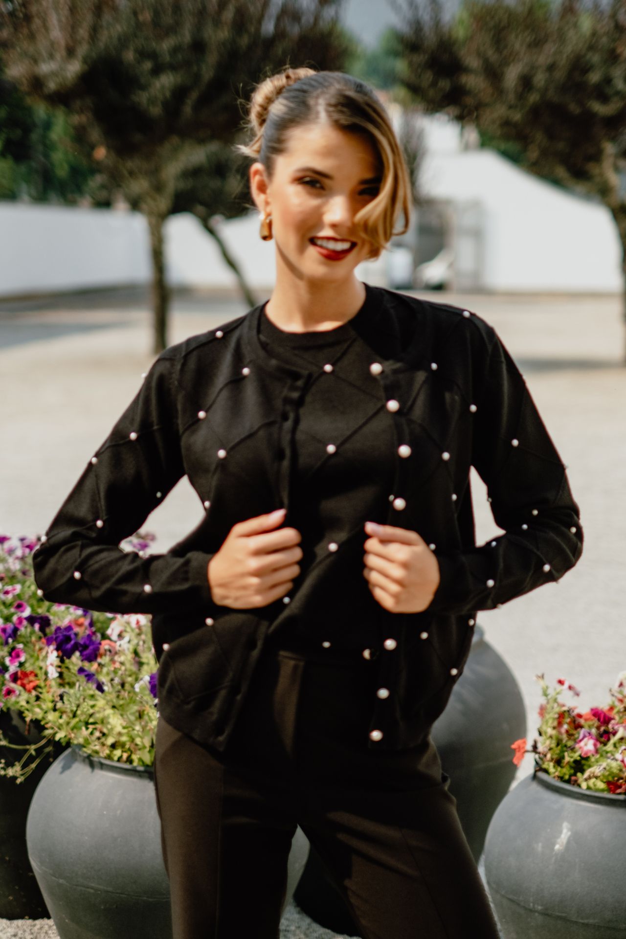 Casaco de malha perolas