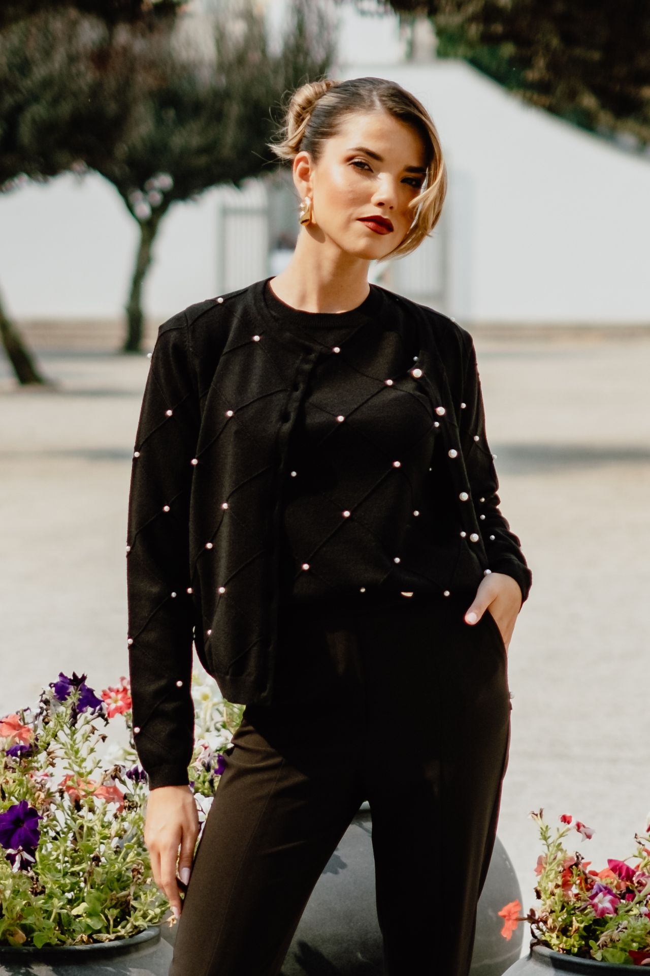 Casaco de malha perolas