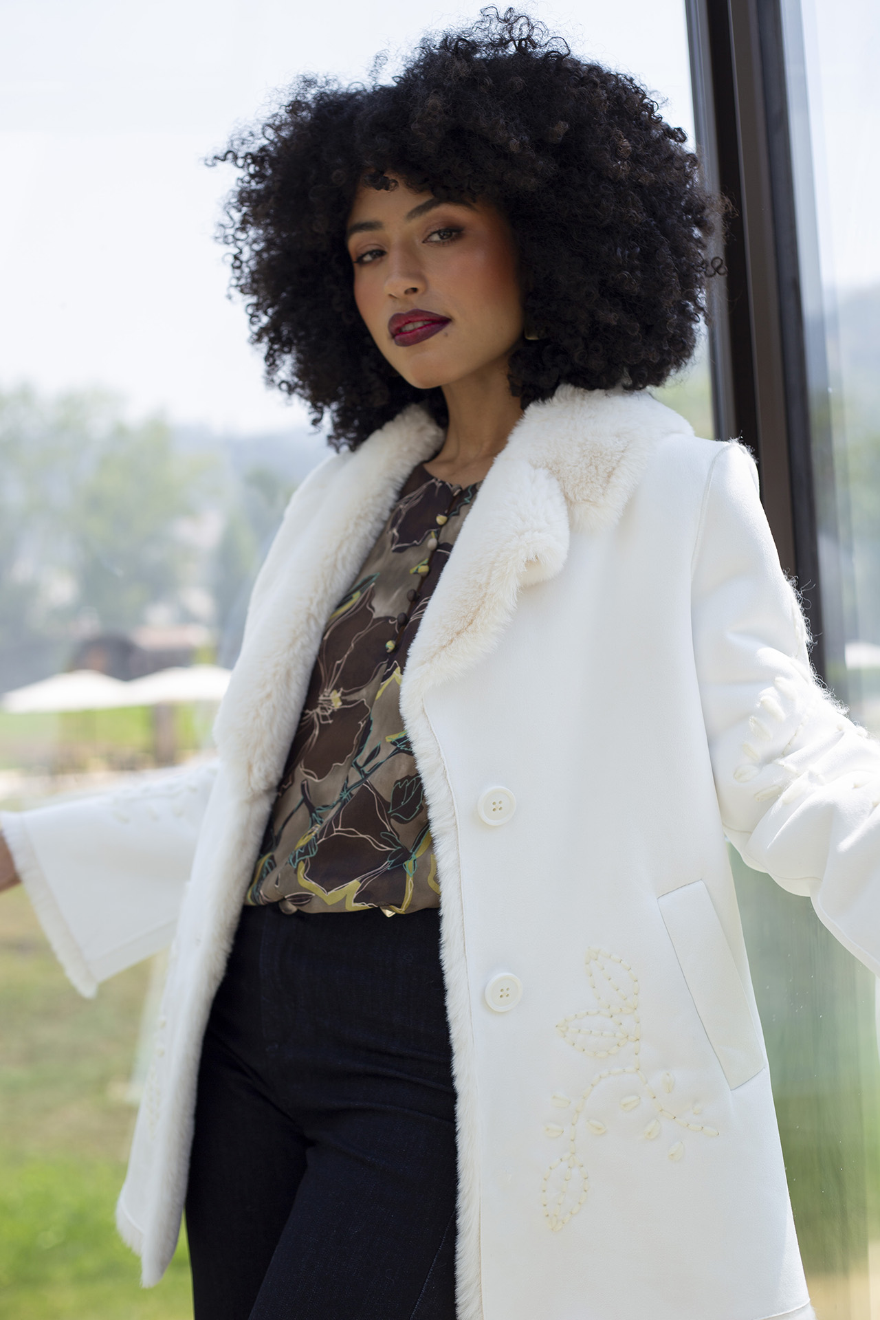 Fur coat with embroidery