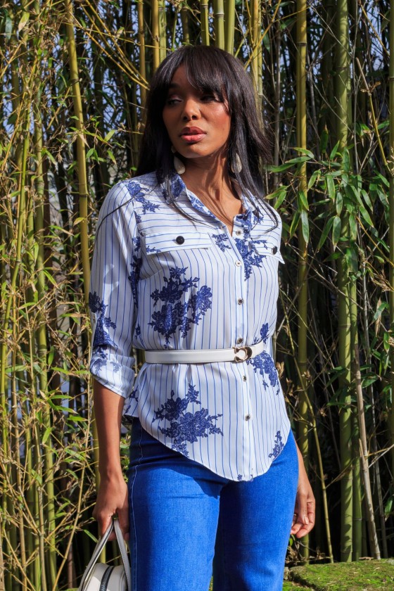 Shirt blouse with stripes and flowers