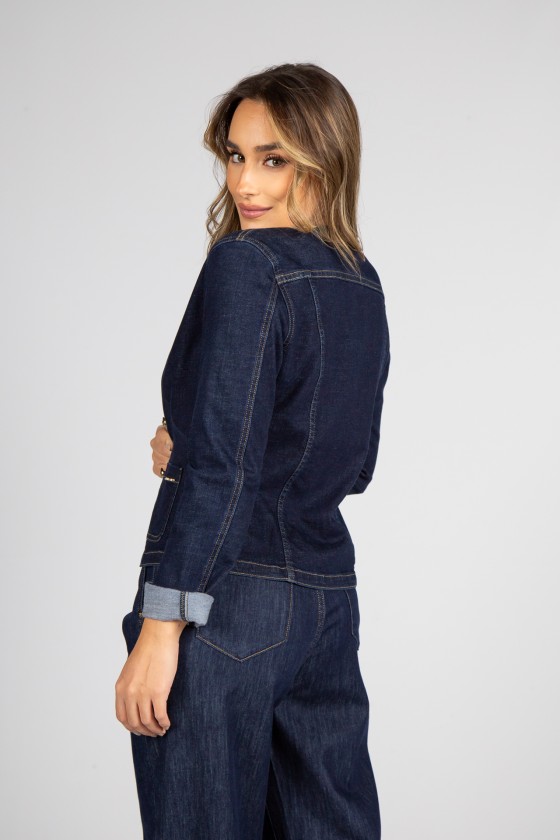 Denim jacket with gold buttons