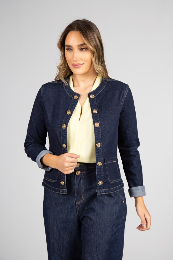 Denim jacket with gold buttons