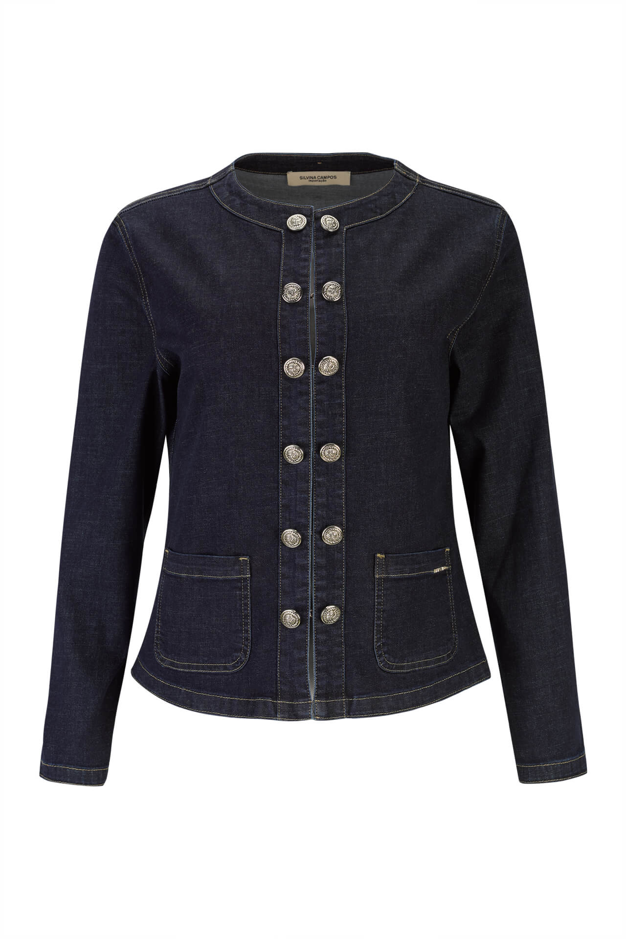 Denim jacket with gold buttons
