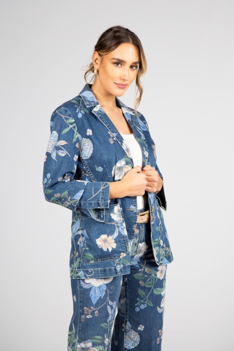 Denim blazer with botanical print