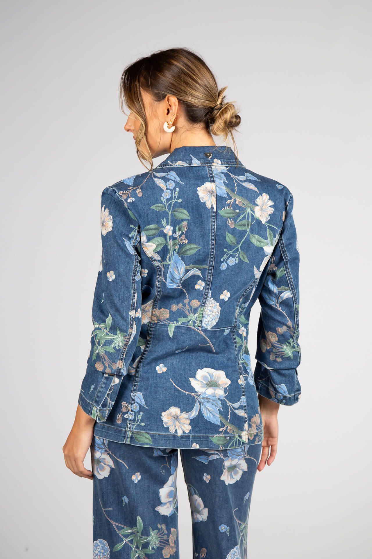 Denim blazer with botanical print