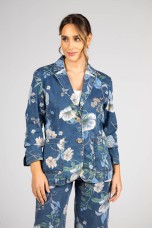 Denim blazer with botanical print