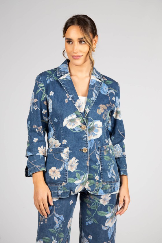 Denim blazer with botanical print