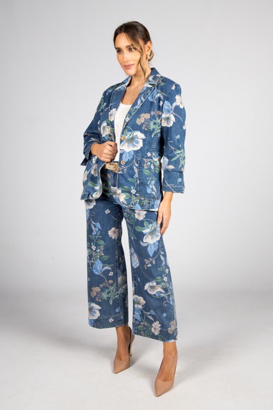 Denim blazer with botanical print
