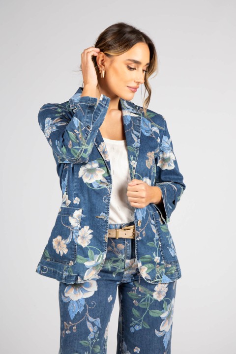 Denim blazer with botanical print