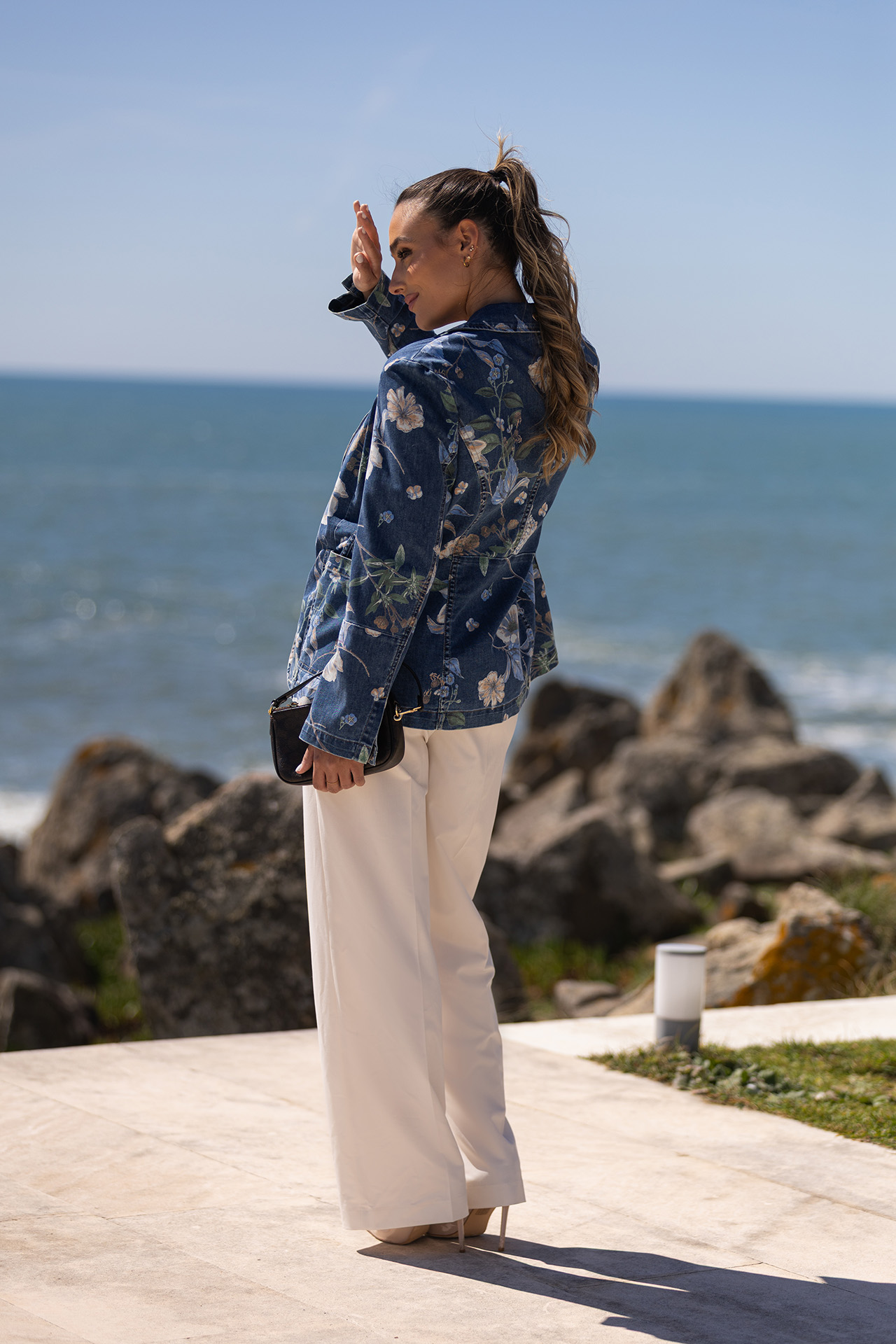 Denim blazer with botanical print