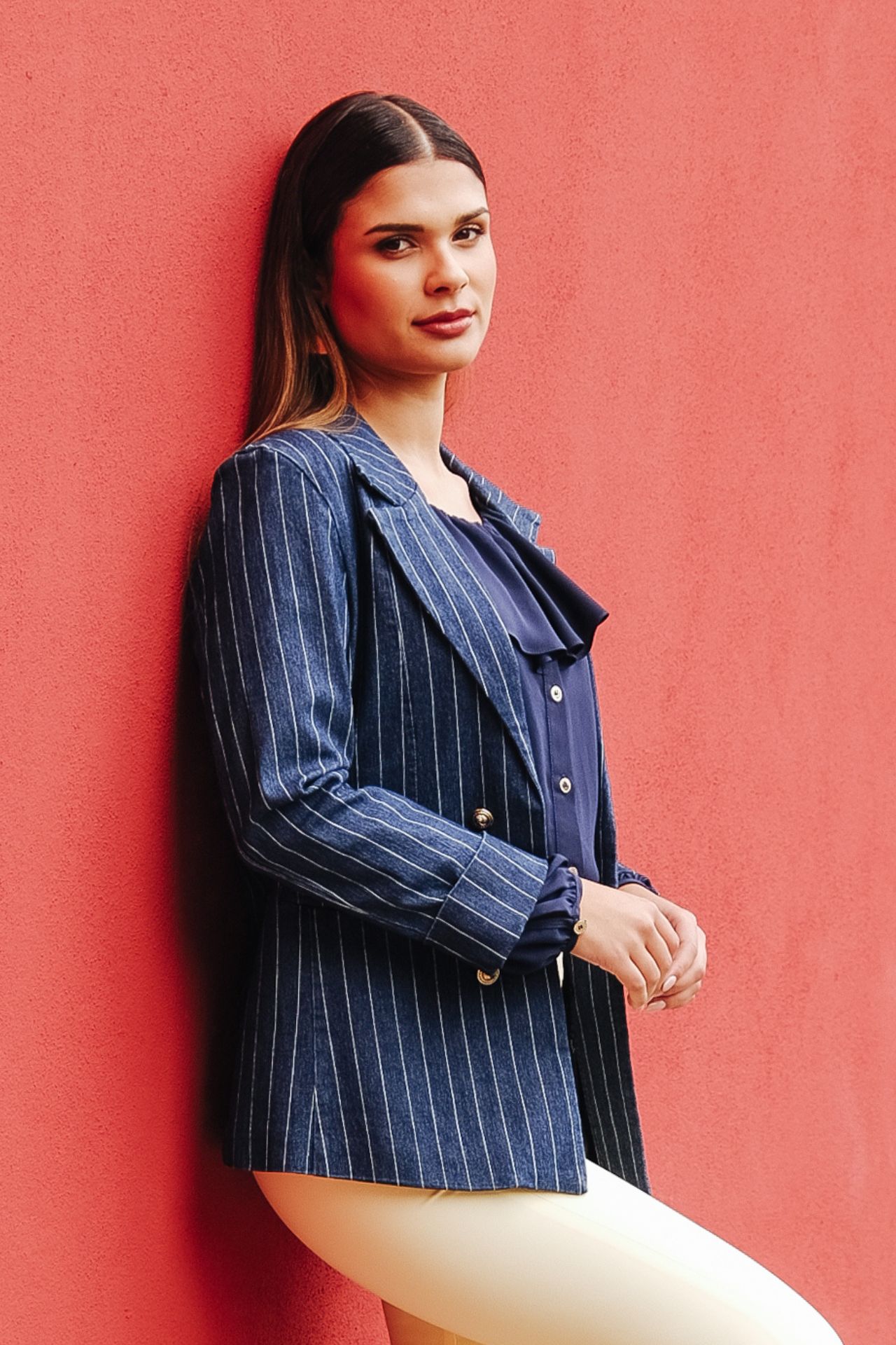 Denim blazer with pinstripes