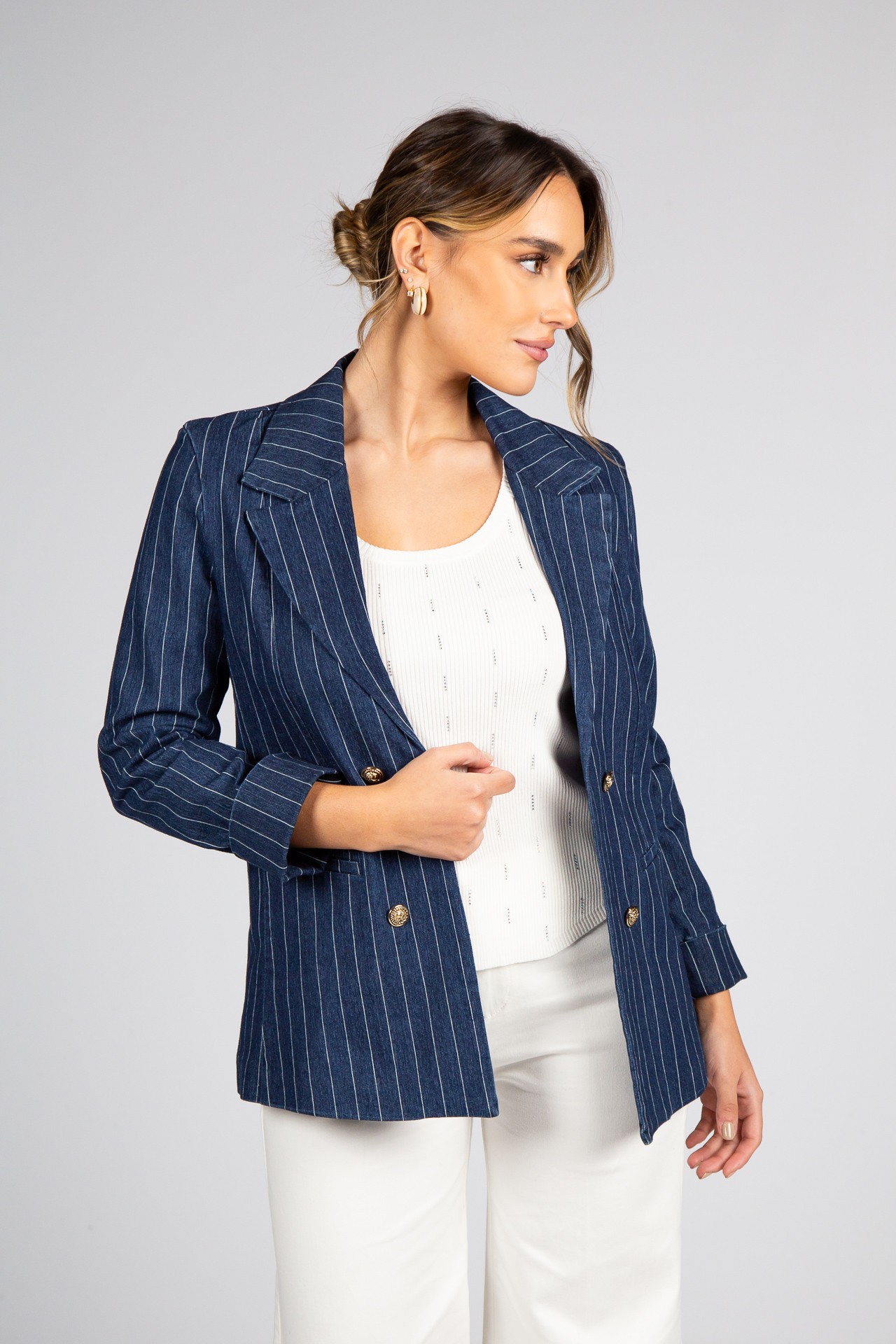 Denim blazer with pinstripes