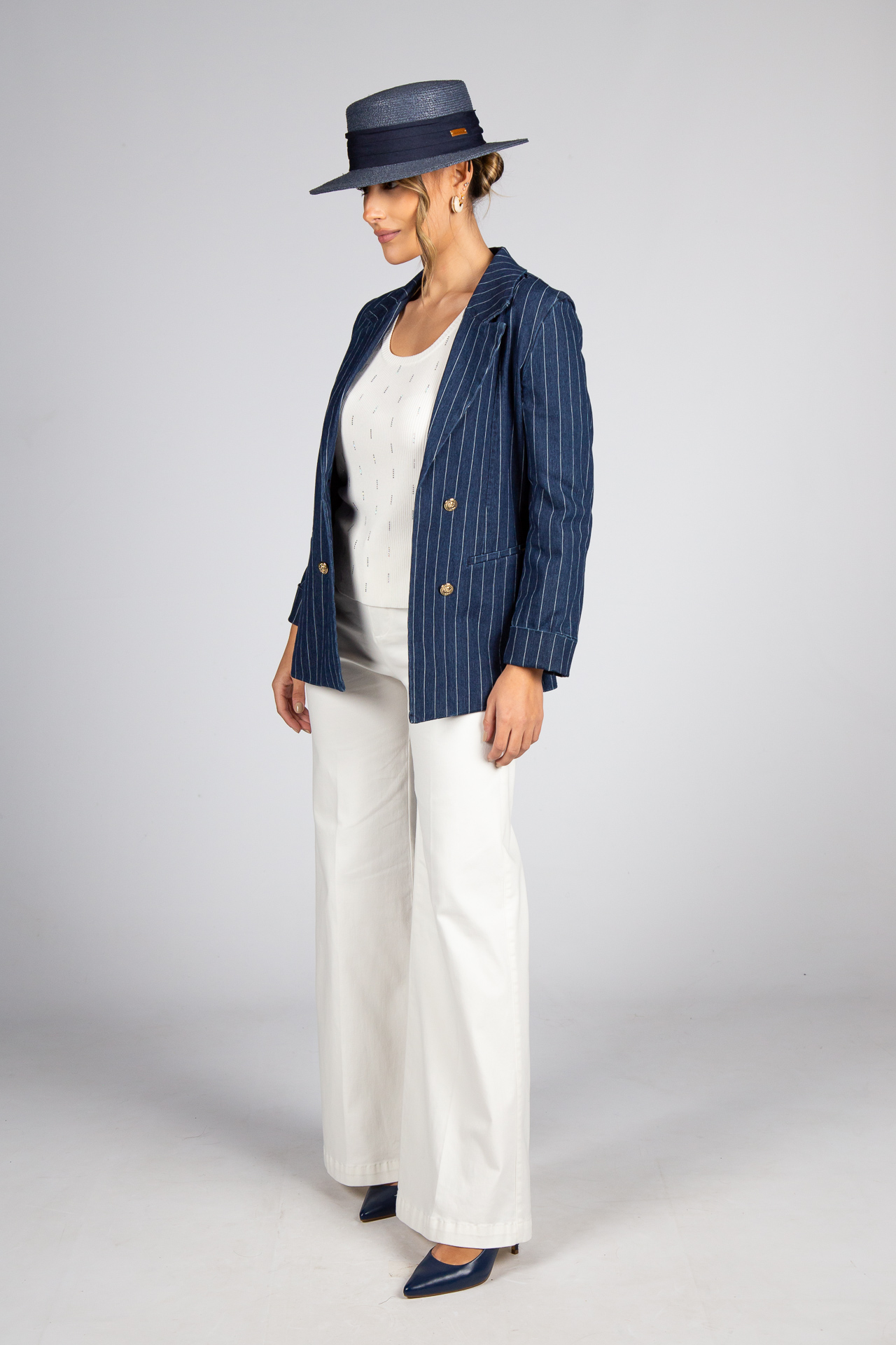Denim blazer with pinstripes