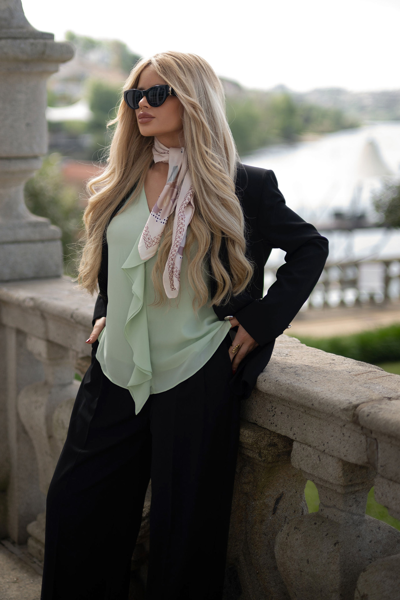 Blouse with bias-cut ruffle