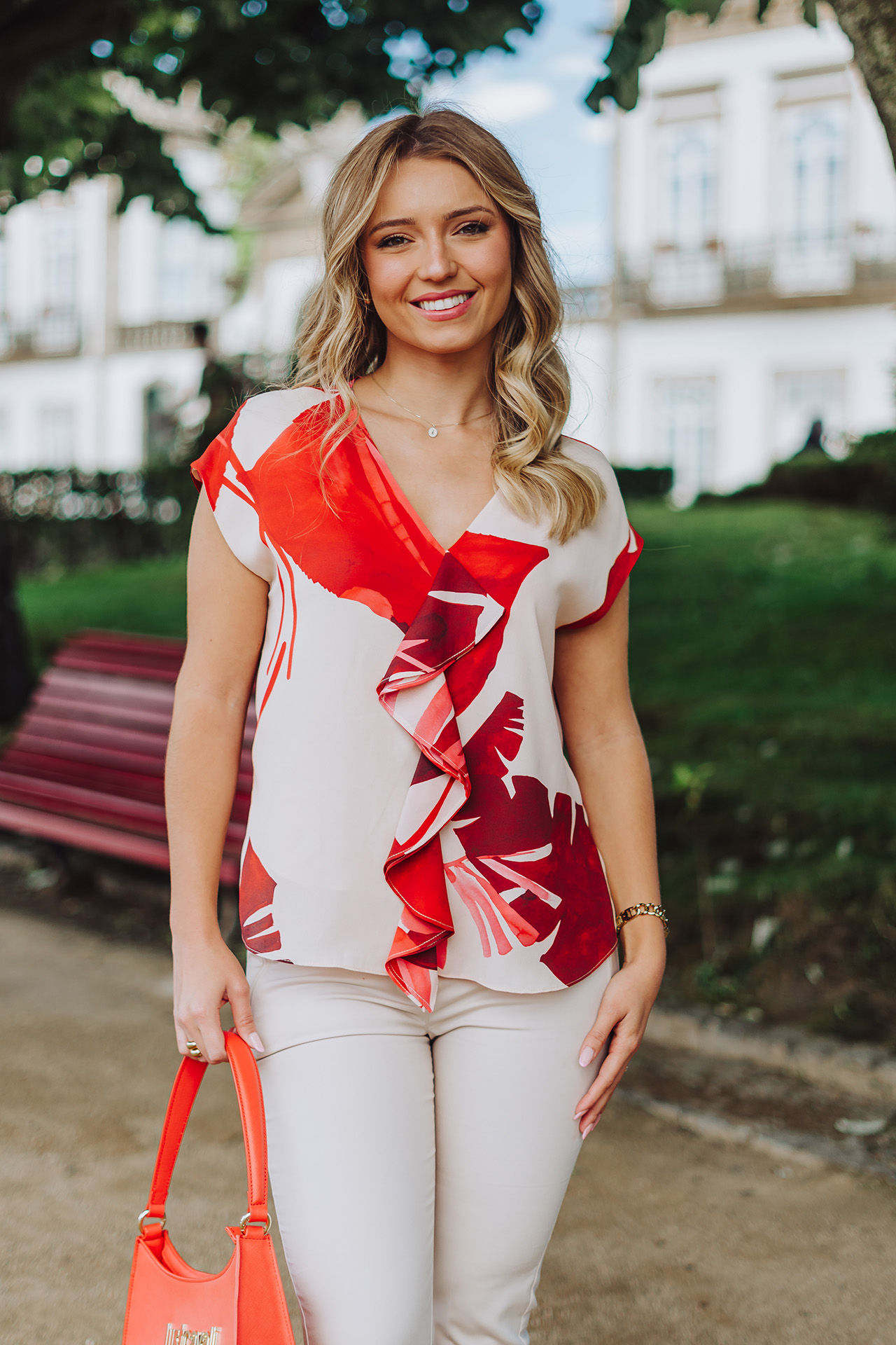 Blouse with bias-cut ruffle