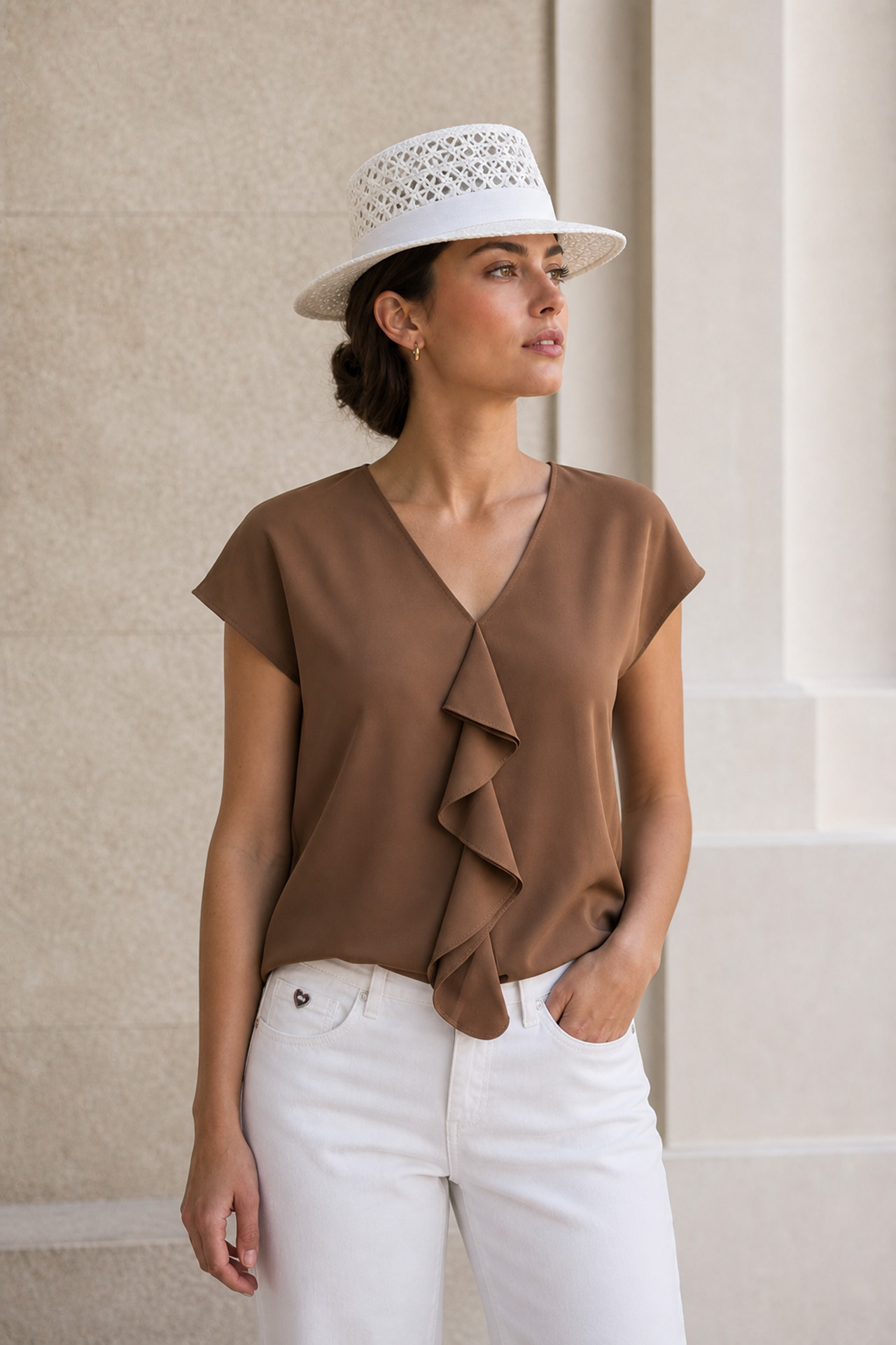 Blouse with bias-cut ruffle