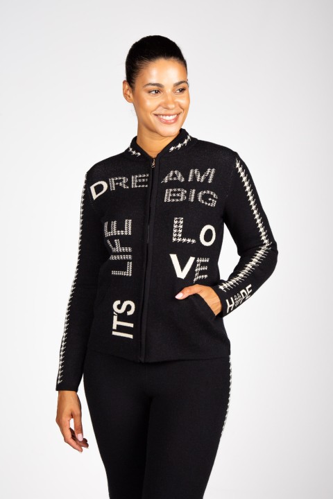 Knitted jacket with jacquard lettering