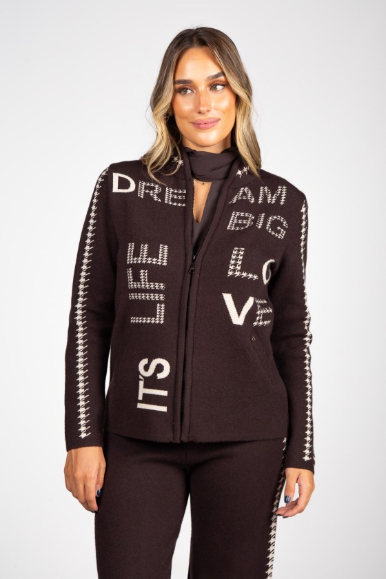 Knitted jacket with jacquard lettering