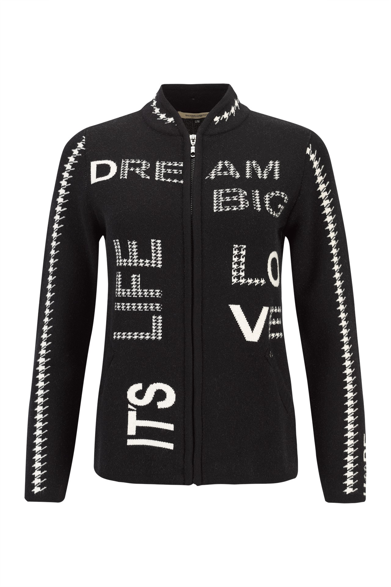 Knitted jacket with jacquard lettering