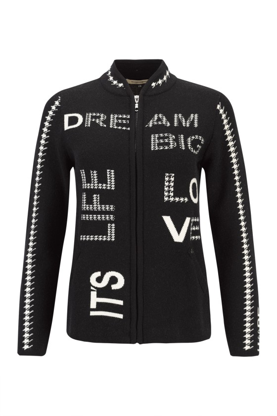 Knitted jacket with jacquard lettering