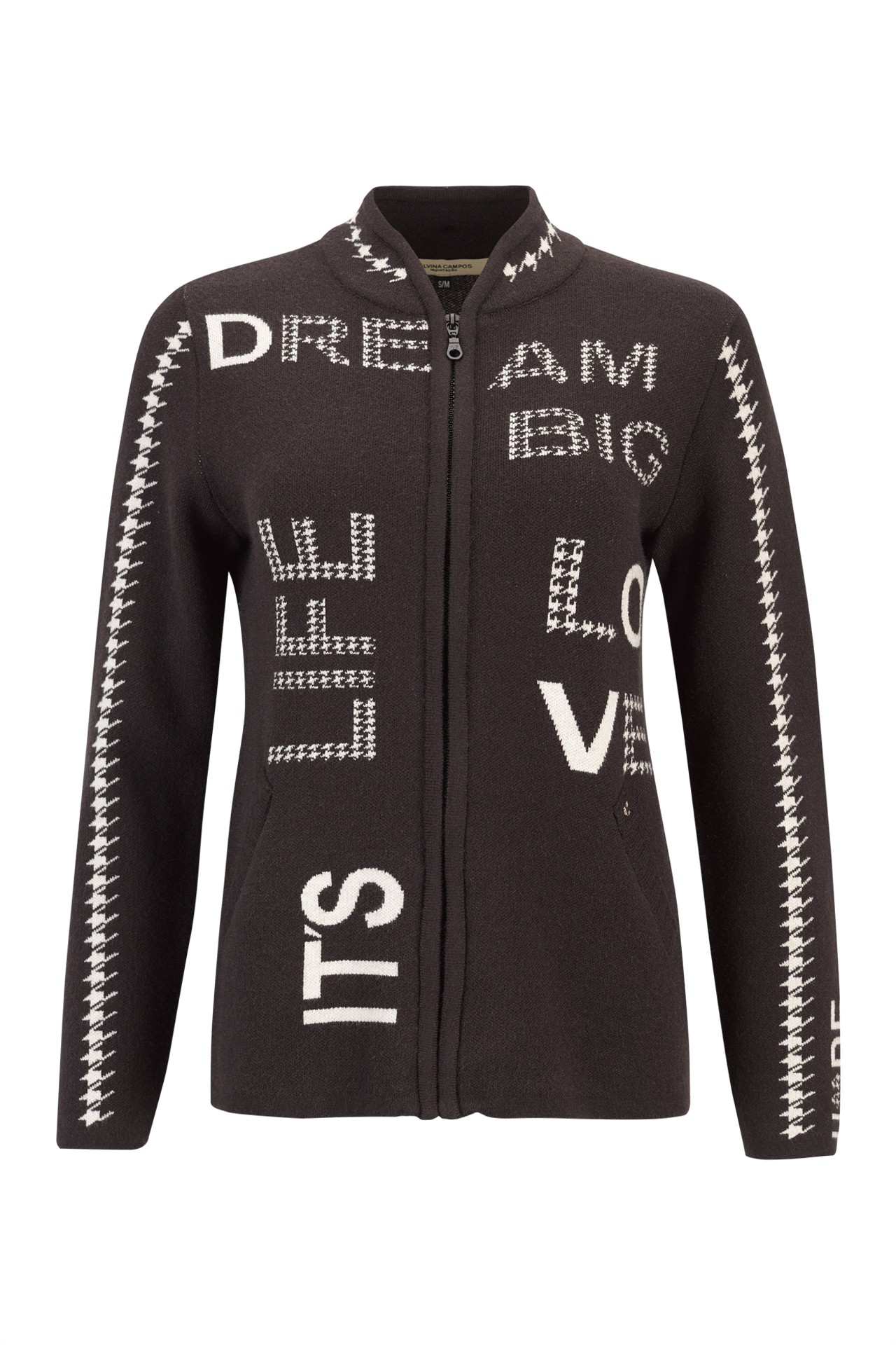Knitted jacket with jacquard lettering