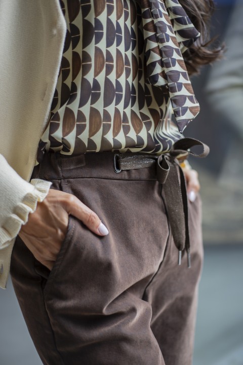 Velvet denim trousers with eyelets