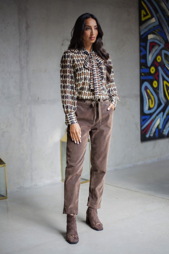 Velvet denim trousers with eyelets