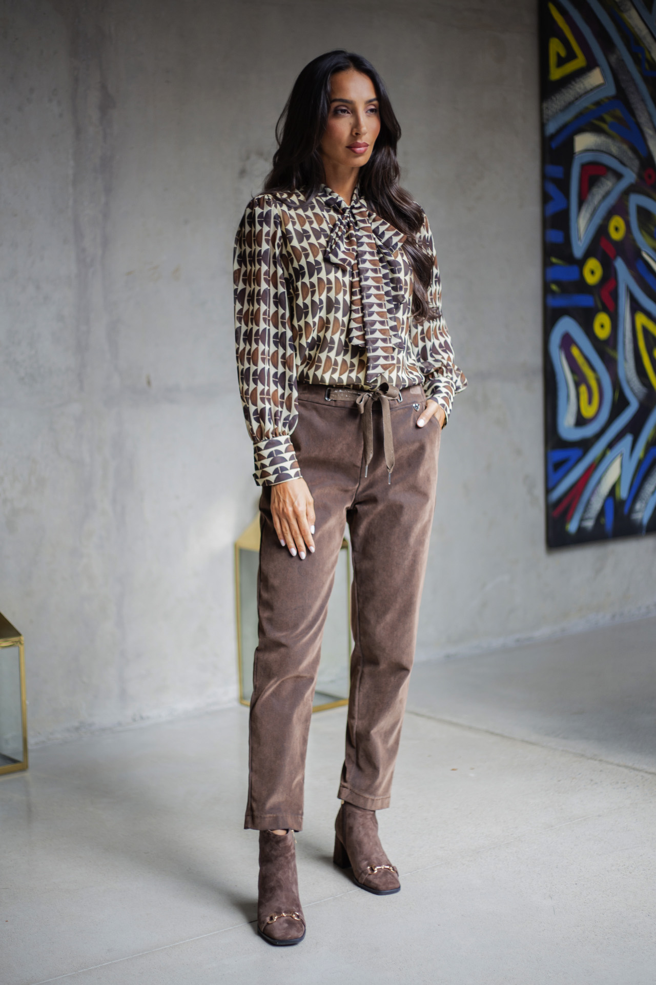 Velvet denim trousers with eyelets