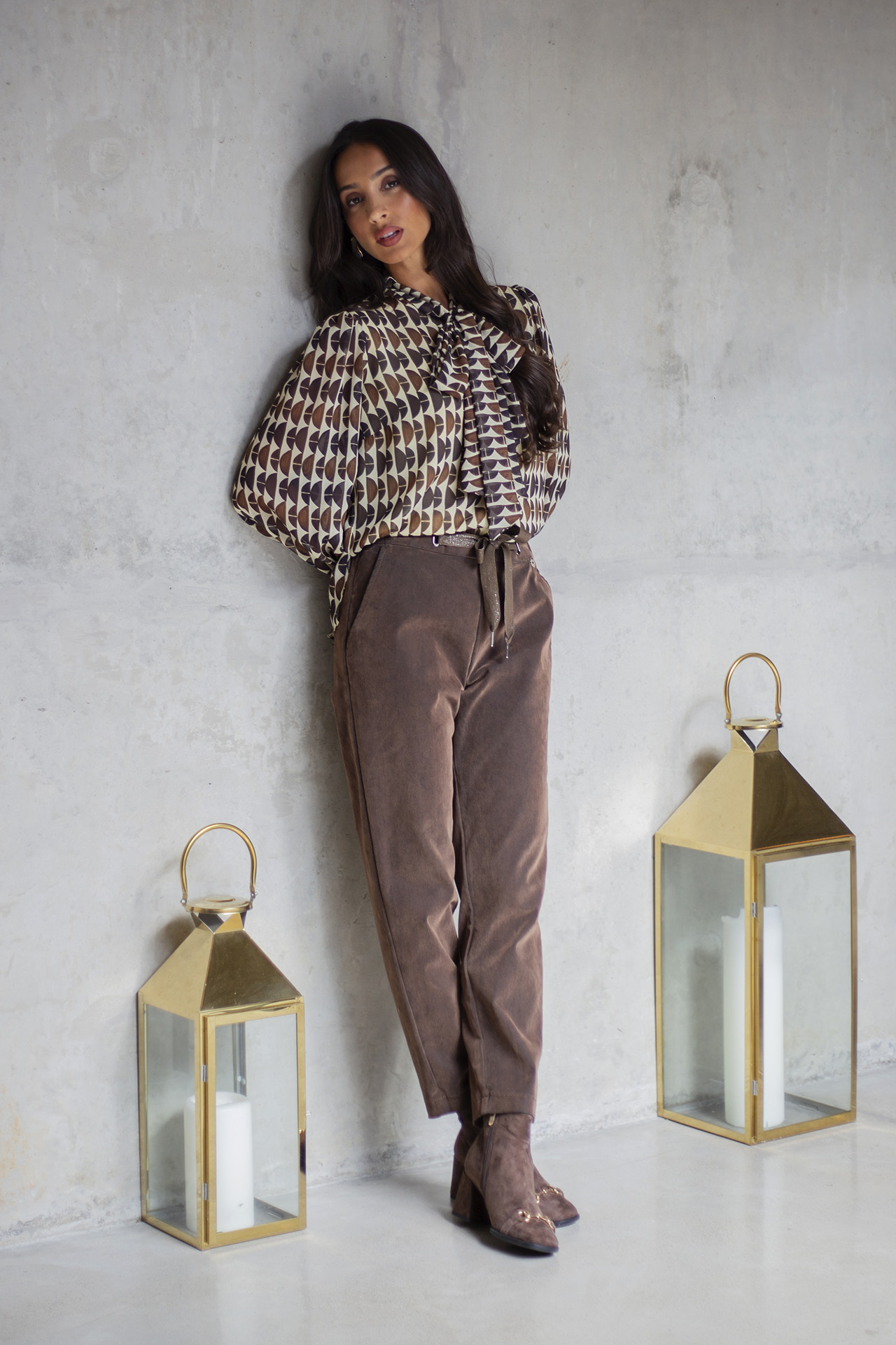 Velvet denim trousers with eyelets