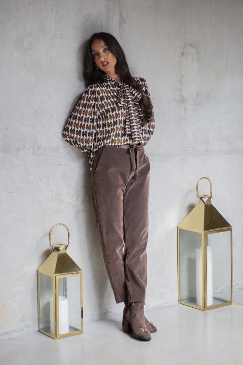 Velvet denim trousers with eyelets