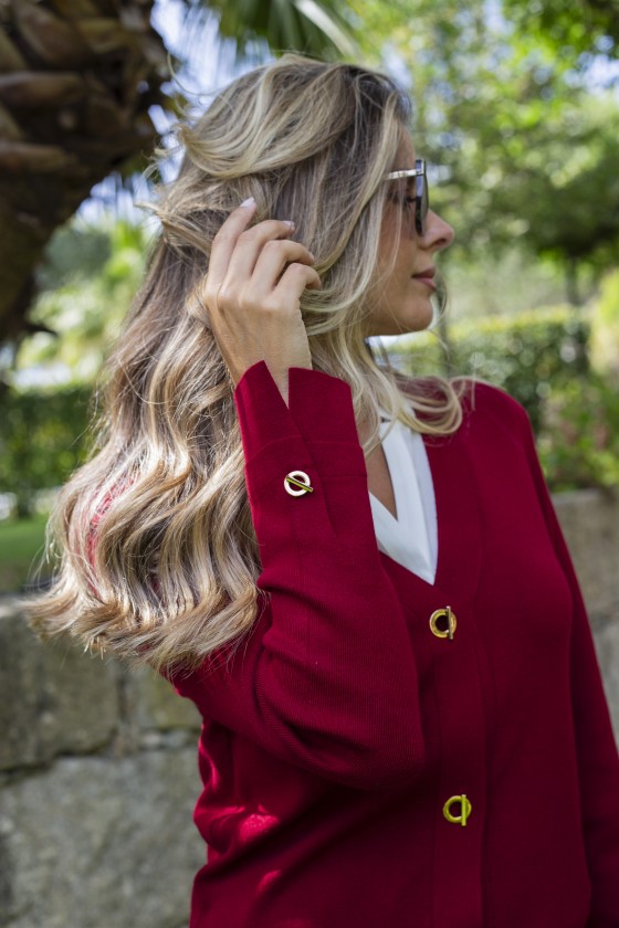 Knit cardigan with eyelet buttons