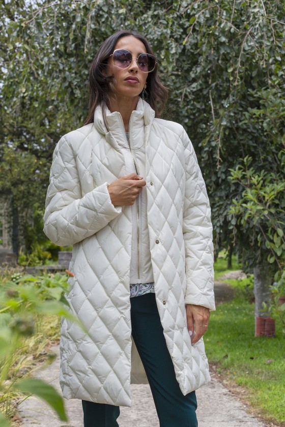 Quilted parka with metal buckle belt
