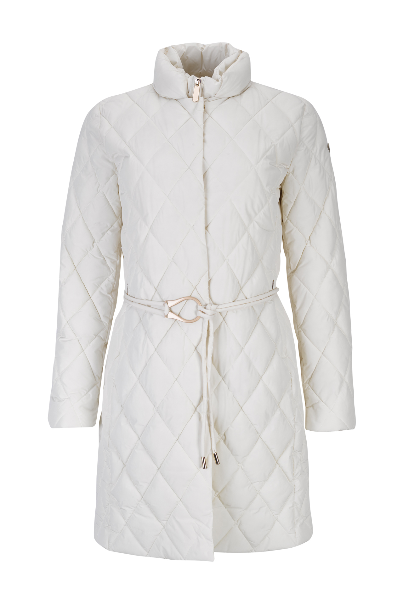 Quilted parka with metal buckle belt