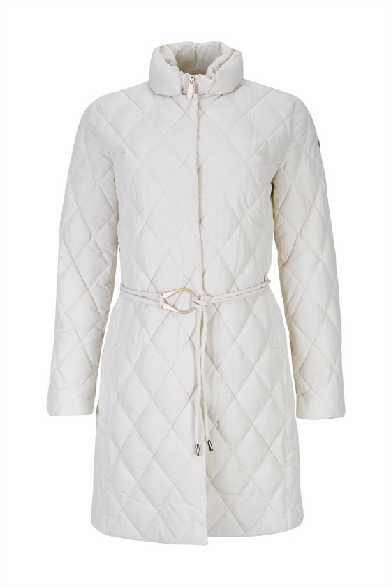 Quilted parka with metal buckle belt
