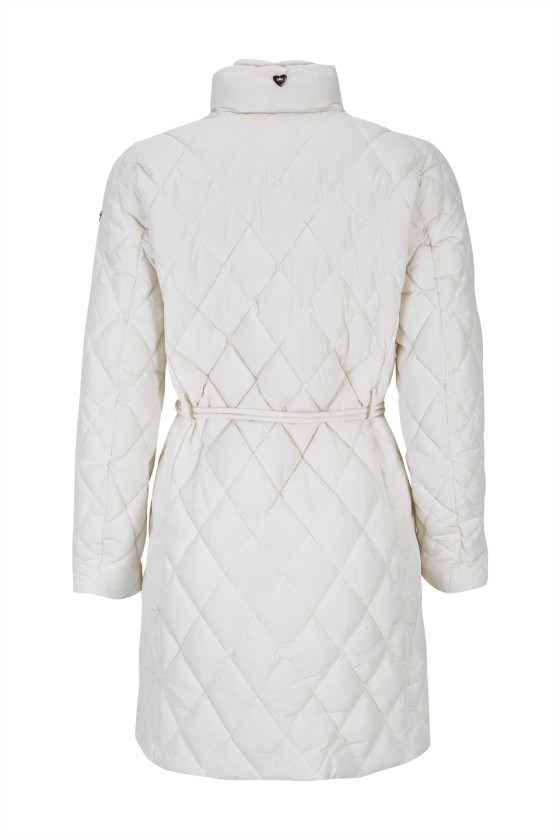 Quilted parka with metal buckle belt