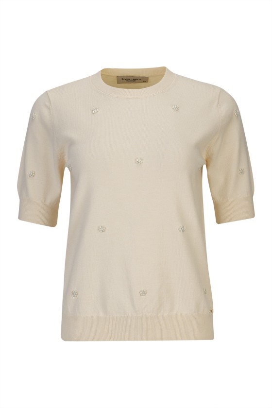 Short-sleeved blouse with pearls