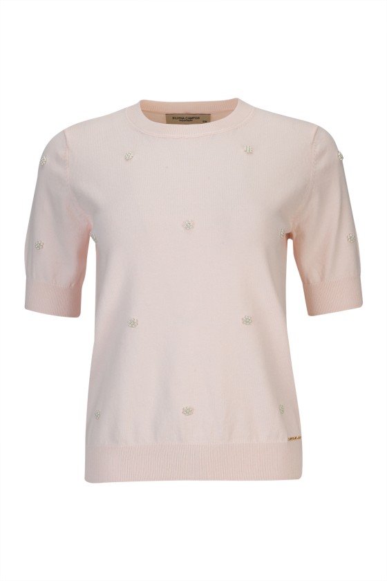 Short-sleeved blouse with pearls