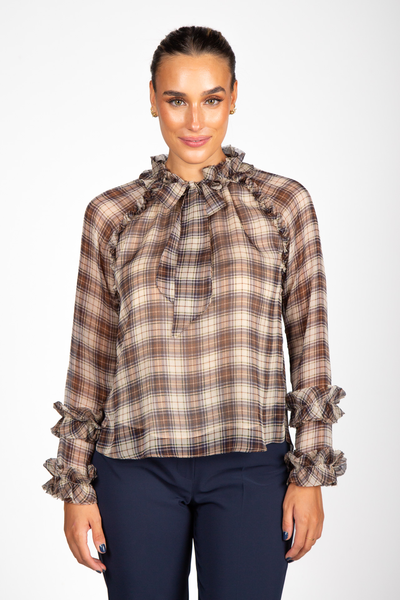 Plaid tunic with bow and ruffles