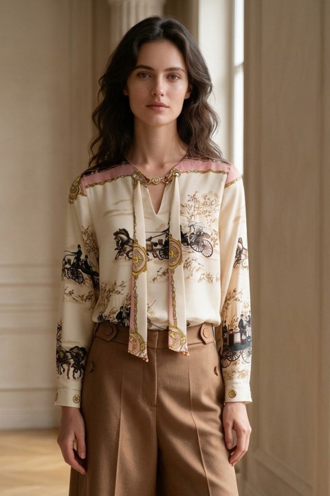 T�nica estampada com la�o e ilh�s dourados