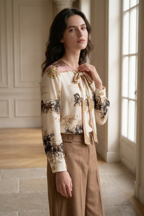 T�nica estampada com la�o e ilh�s dourados