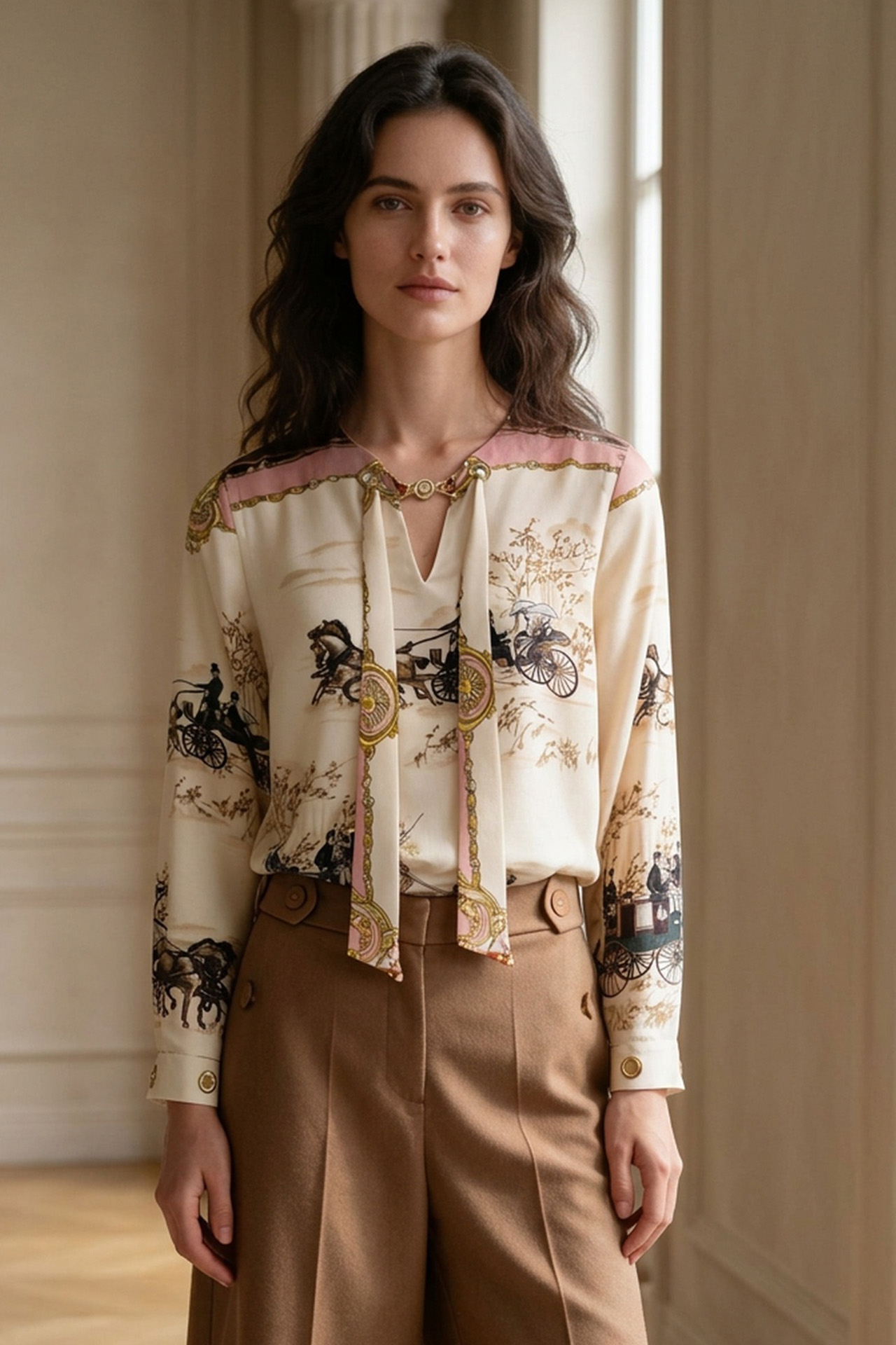 Túnica estampada com laço e ilhós dourados