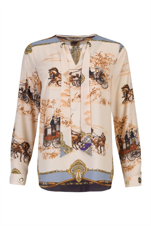 Printed tunic with bow and gold eyelets