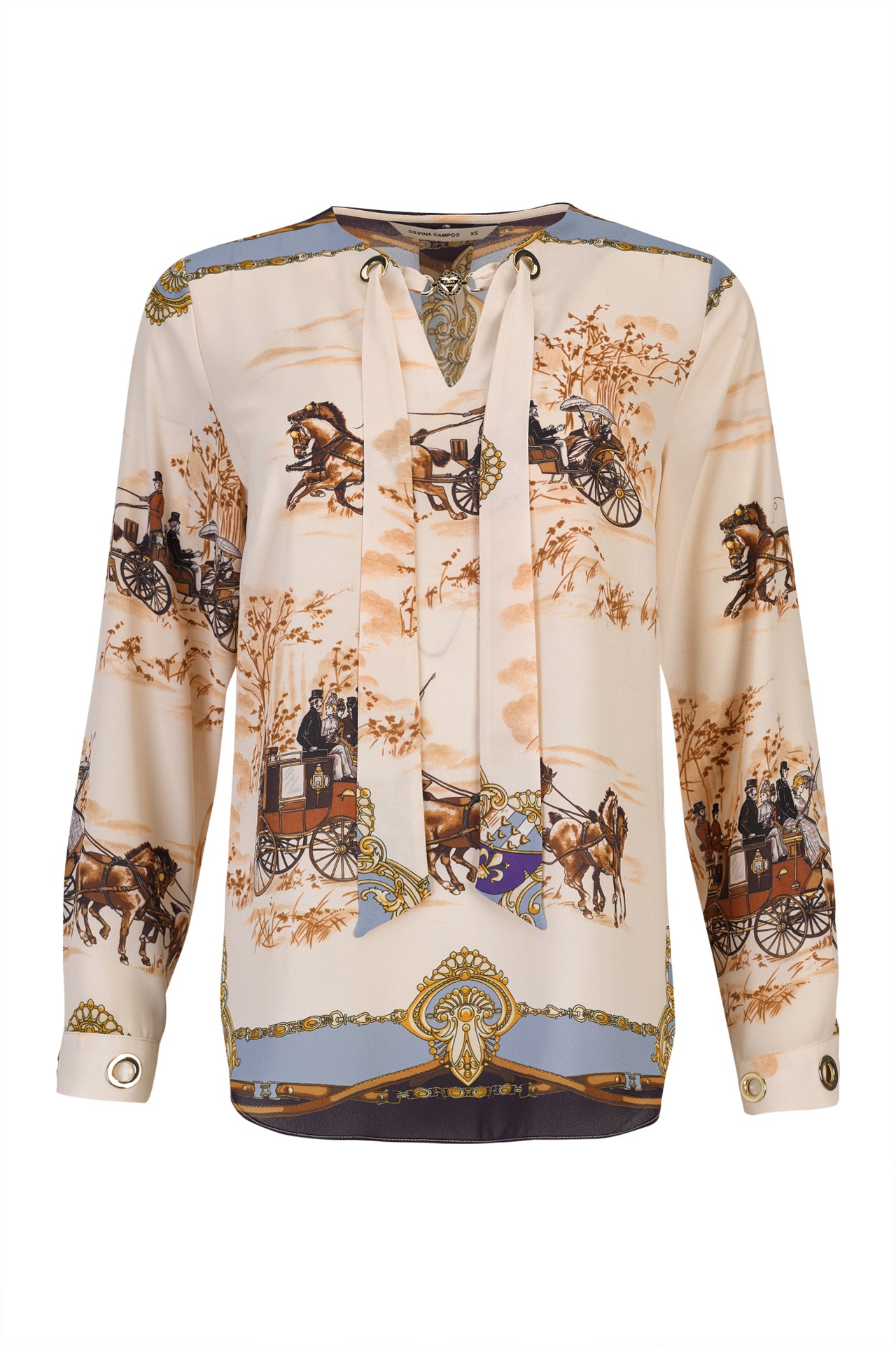 Printed tunic with bow and gold eyelets